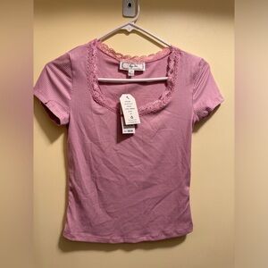Brand New Juniors Lace-Trim Ribbed Knit T-Shirt